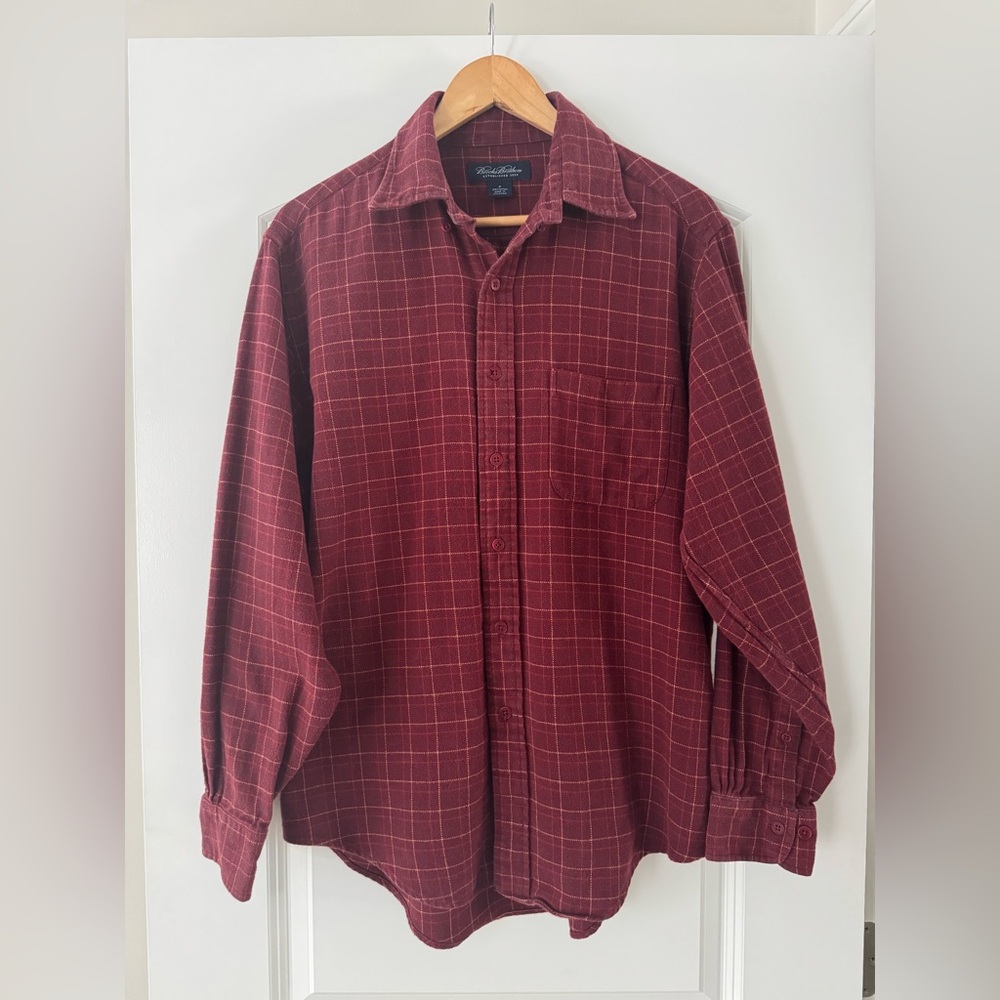 Brooks Brothers Burgundy Windowpane Flannel Shirt Men’s Medium 100% Cotton